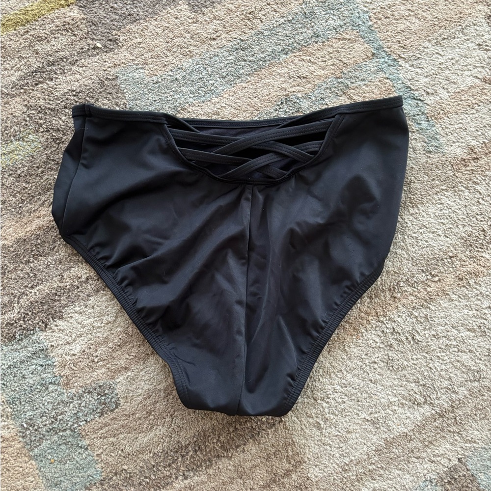 Black high rise swim bottoms with criss-cross detail